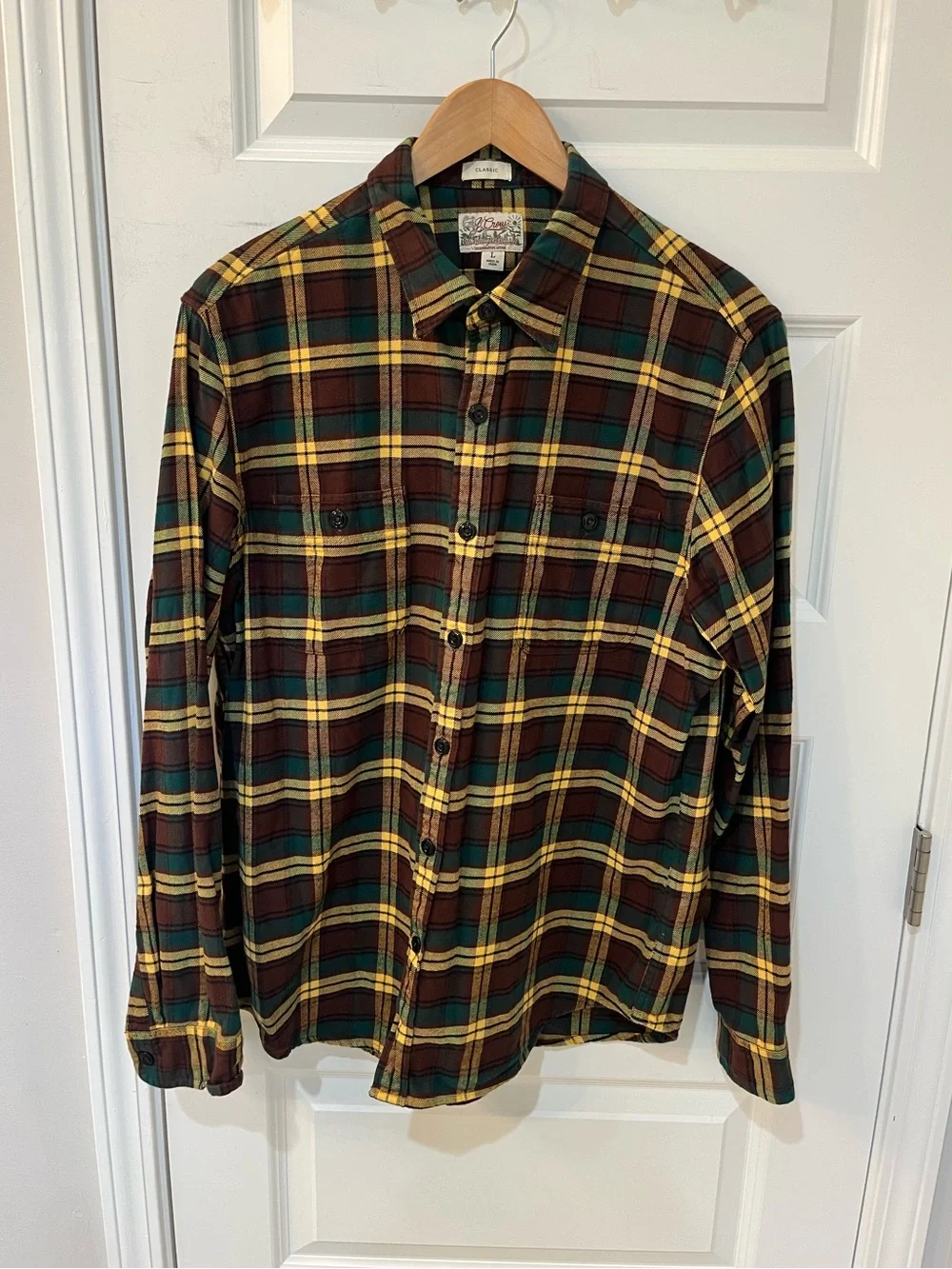J.Crew Mid Weight Flannel Regenerative Cotton Brown Plaid Shirt Mens Size Large